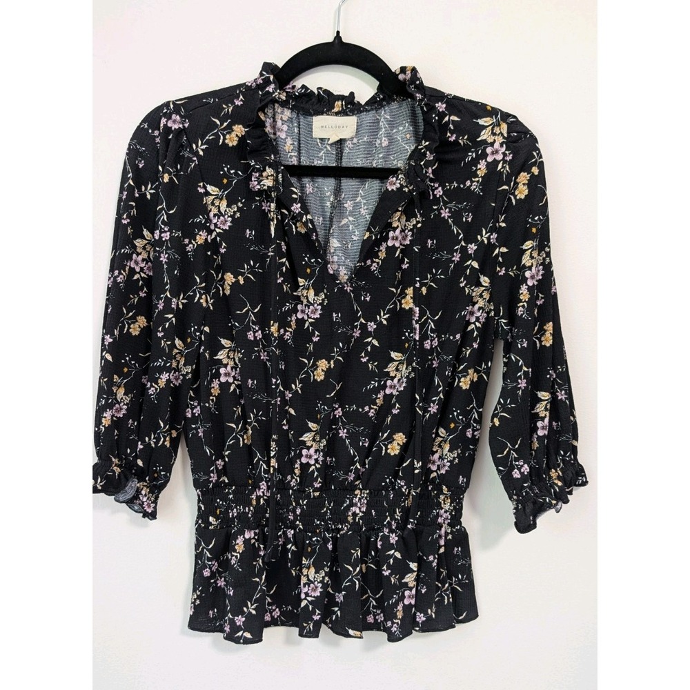 Melloday Black Floral Ruffle Knit V-Neck 3/4 Sleeve Blouse S